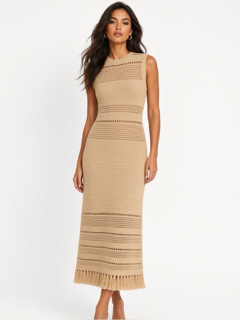 Monte Vea Crochet Knit Cotton Midi Dress with Fringe – Size S